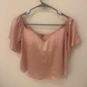 Blush silk off the shoulder blouse